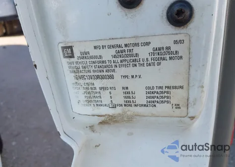 2003 Chevrolet Tahoe Ls z USA, uszkodzony, nr VIN 1GNEC13V33R300360